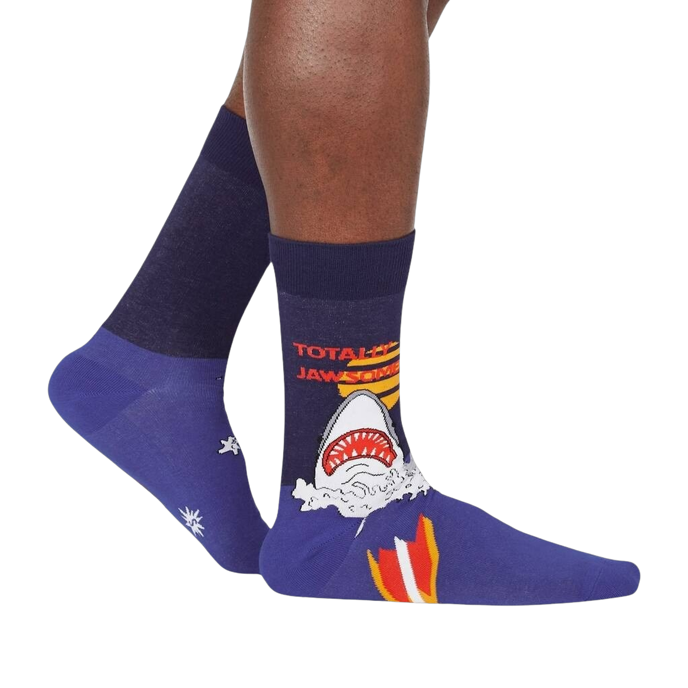 Lifestyle shot showing the 'Totally Jawsome!' socks on a person's legs.