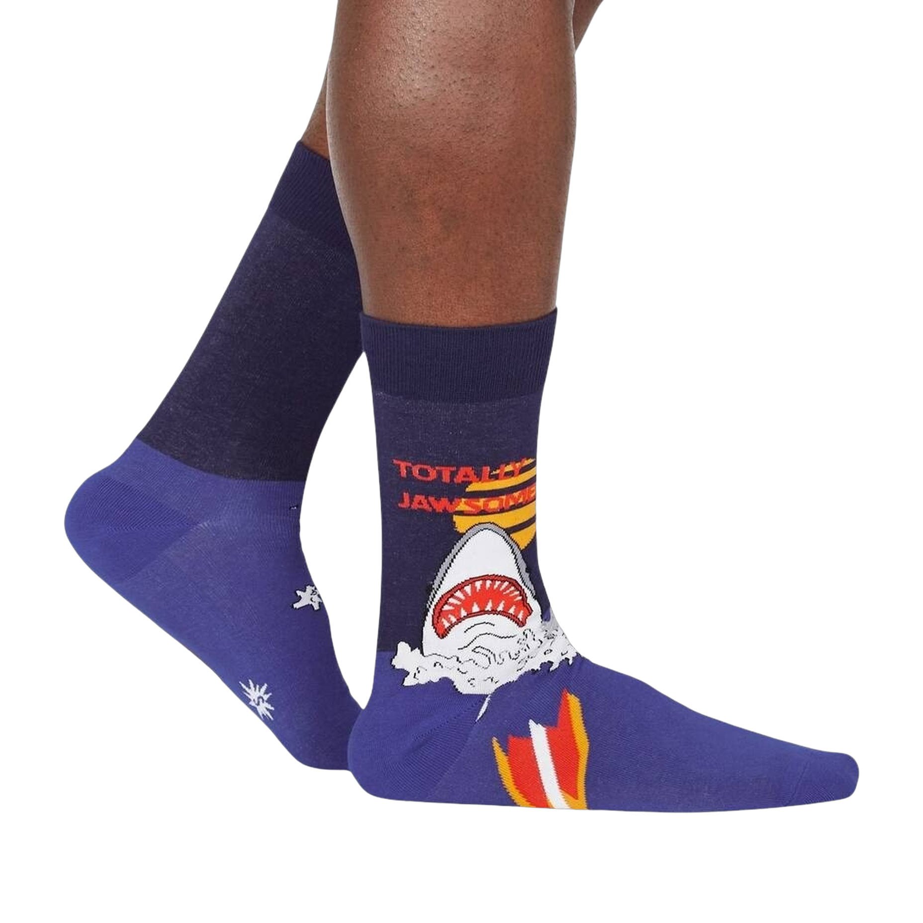 Lifestyle shot showing the 'Totally Jawsome!' socks on a person's legs.