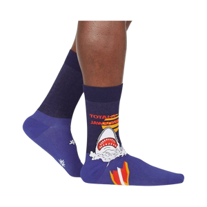 Lifestyle shot showing the 'Totally Jawsome!' socks on a person's legs.
