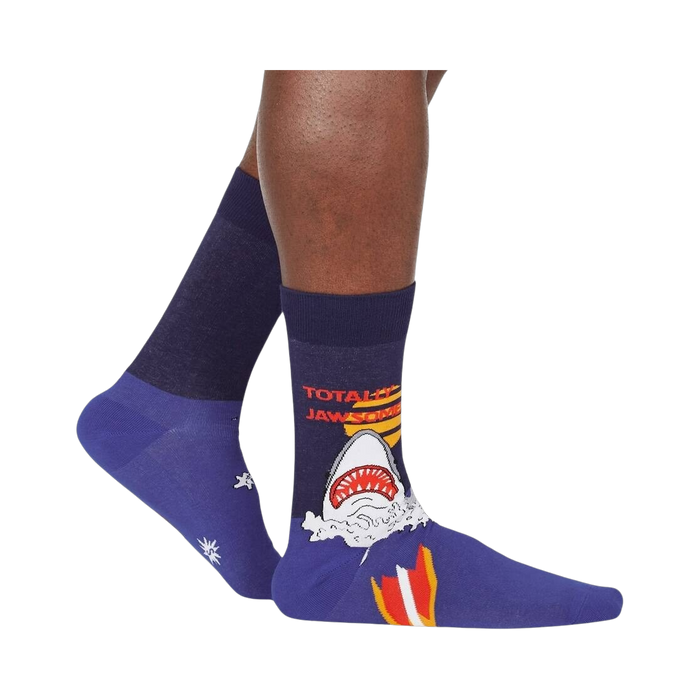 Lifestyle shot showing the 'Totally Jawsome!' socks on a person's legs.