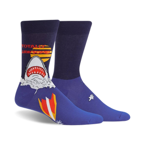 blue shark socks for men with open mouth and â€œtotally jawsomeâ€ text.  