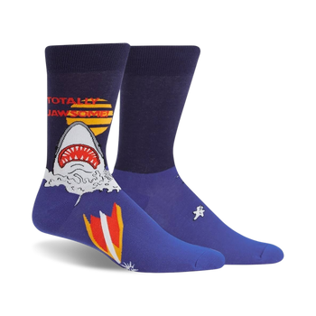 blue shark socks for men with open mouth and â€œtotally jawsomeâ€ text.  
