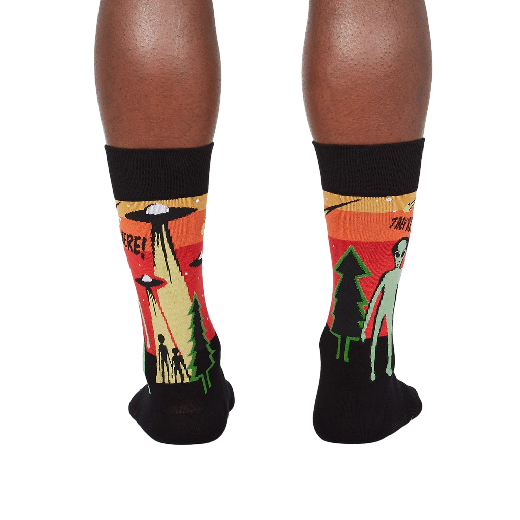 Rear view of the 'They're Here' socks, showing the design on the back of the socks.