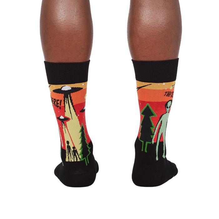 Rear view of the 'They're Here' socks, showing the design on the back of the socks.