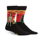 Black crew socks with a retro alien abduction scene in orange, green, and red. The text 'They're Here!' is featured.