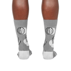 Rear view of the socks highlighting the brains on the heels.  The gray and white color scheme is clearly visible.