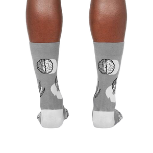 Rear view of the socks highlighting the brains on the heels.  The gray and white color scheme is clearly visible.