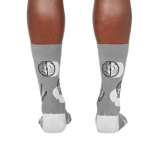 Rear view of the socks highlighting the brains on the heels.  The gray and white color scheme is clearly visible.