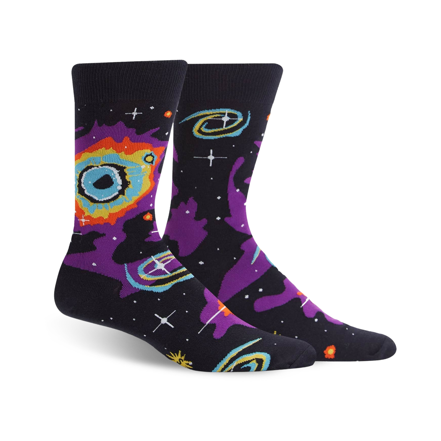 A pair of crew socks with a space-themed design.  The dark background features swirling nebulas in purple, orange, and teal, along with yellow stars.