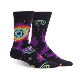 ribbed cuff, reinforced toe and heel, black crew socks, with purple and blue galaxy, stars, and planets pattern.   