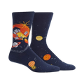 A pair of navy blue crew socks with a space-themed design.  The design includes a rocket ship, planets in orange and yellow, and stars on a dark blue background.