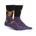 A pair of crew socks. The socks are mainly navy blue with red and yellow snowflake patterns and stripes. A moose wearing a scarf is featured on the top of each sock.
