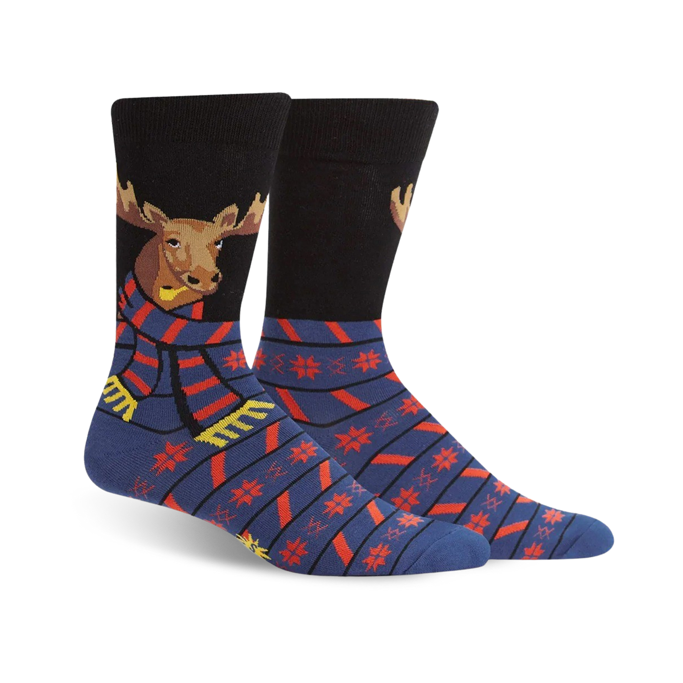 A pair of crew socks. The socks are mainly navy blue with red and yellow snowflake patterns and stripes. A moose wearing a scarf is featured on the top of each sock.