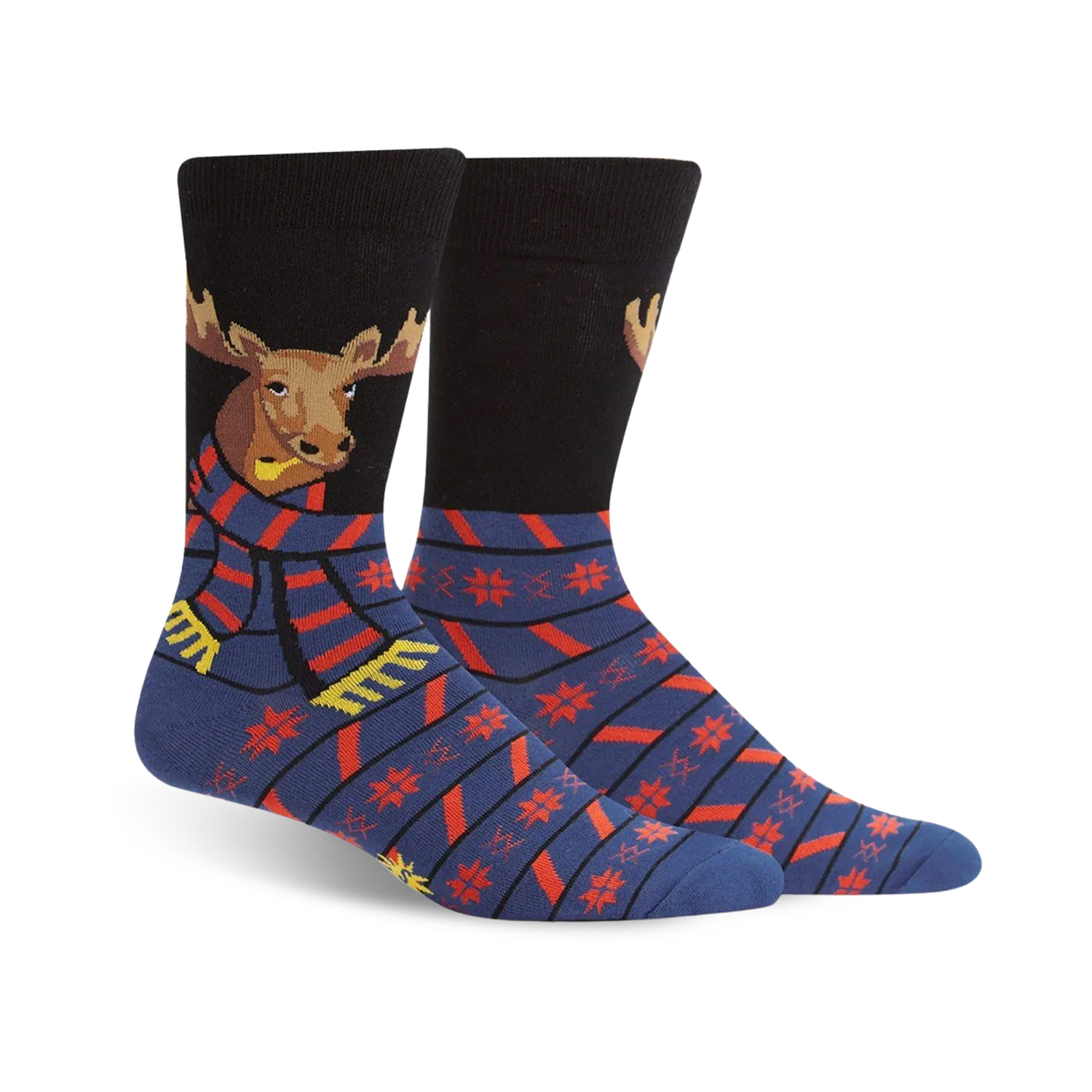 A pair of crew socks. The socks are mainly navy blue with red and yellow snowflake patterns and stripes. A moose wearing a scarf is featured on the top of each sock.