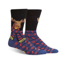mens crew socks in black and blue featuring a moose wearing a scarf and a pattern of red and orange snowflakes.   