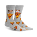 Pair of grey crew socks.  Design features pizza slices and Corgis nestled in pizza slices.