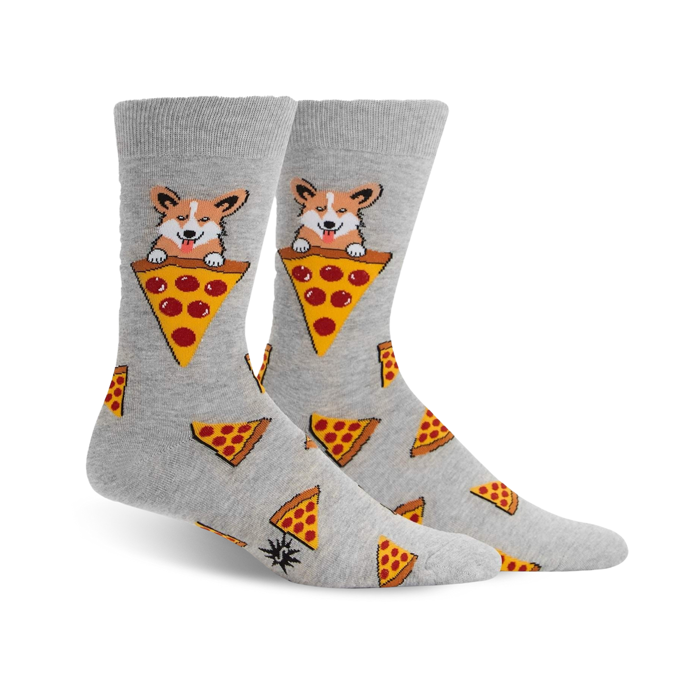 Pair of grey crew socks.  Design features pizza slices and Corgis nestled in pizza slices.