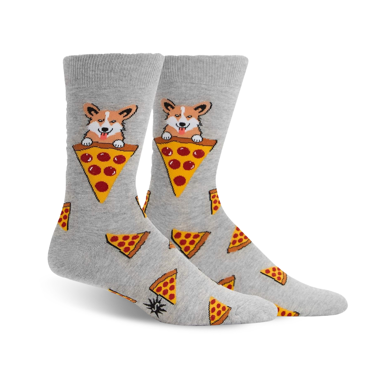 Pair of grey crew socks.  Design features pizza slices and Corgis nestled in pizza slices.