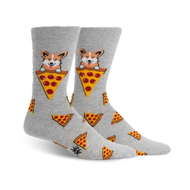 gray crew socks with cartoon pizza slices and corgis eating pizza.   