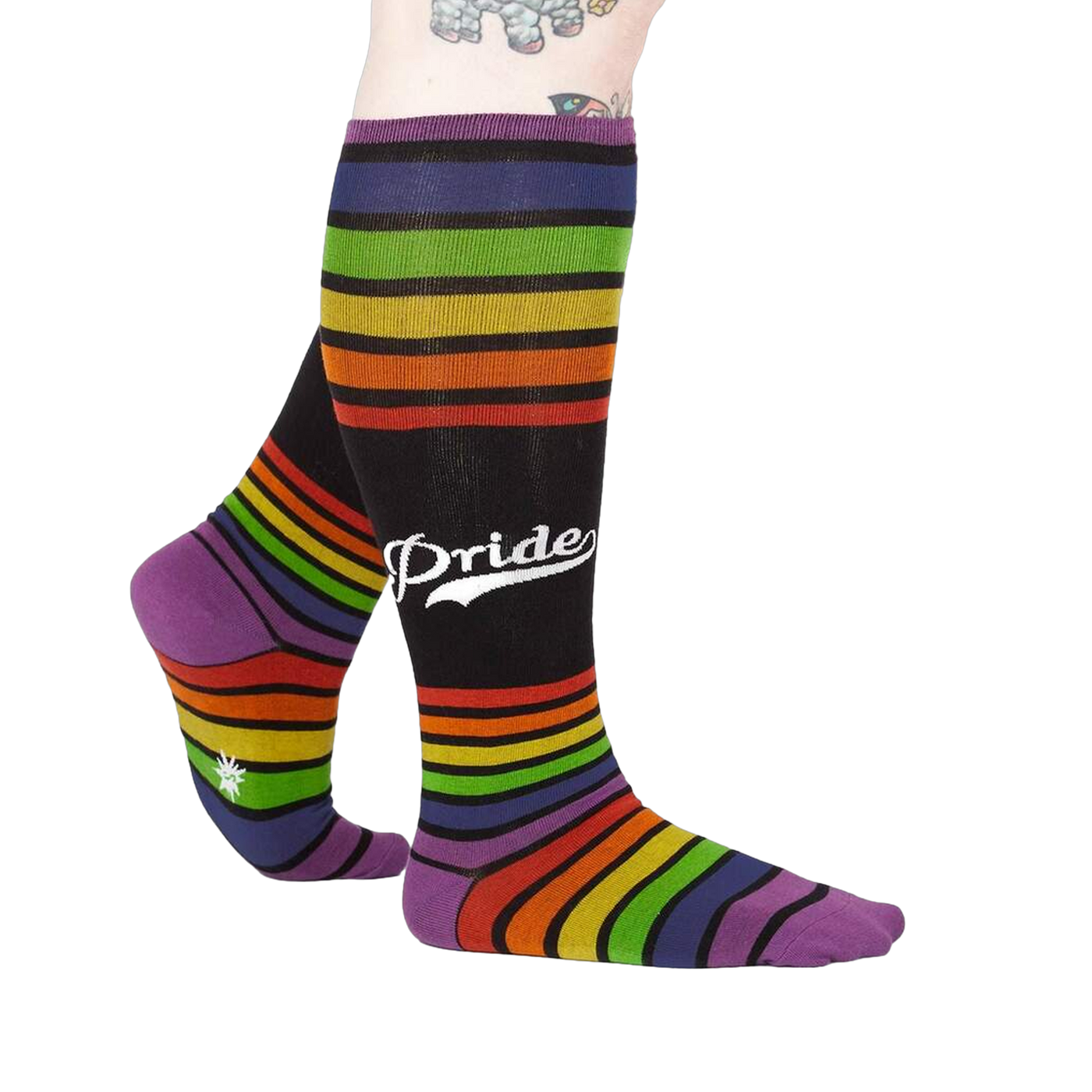Lifestyle shot of a person wearing the rainbow striped knee-high socks.