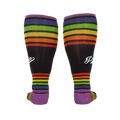 Back view of the rainbow striped knee-high socks, showcasing the full design.