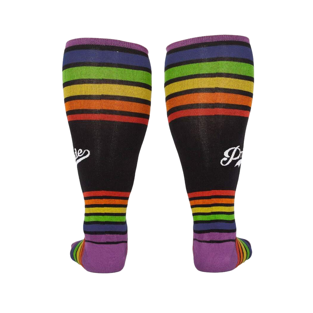 Back view of the rainbow striped knee-high socks, showcasing the full design.