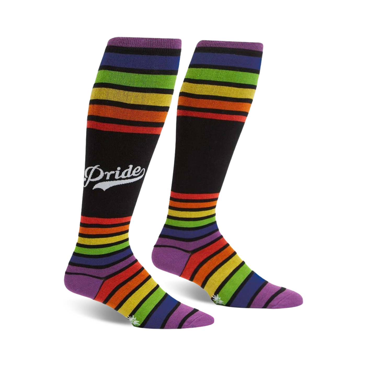 Pair of rainbow striped knee-high socks with a retro 'Pride' logo on a black background.  Purple, orange, yellow, green, and blue stripes.