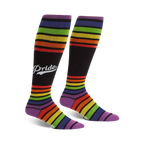 Pair of rainbow striped knee-high socks with a retro 'Pride' logo on a black background.  Purple, orange, yellow, green, and blue stripes.