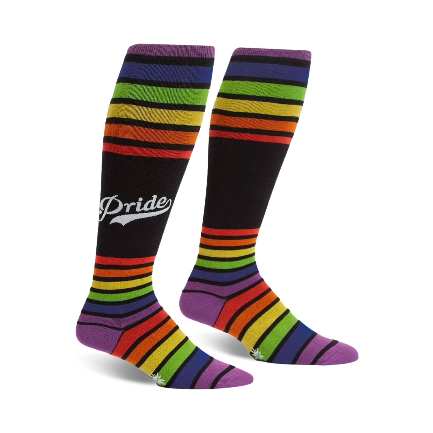 Pair of rainbow striped knee-high socks with a retro 'Pride' logo on a black background.  Purple, orange, yellow, green, and blue stripes.
