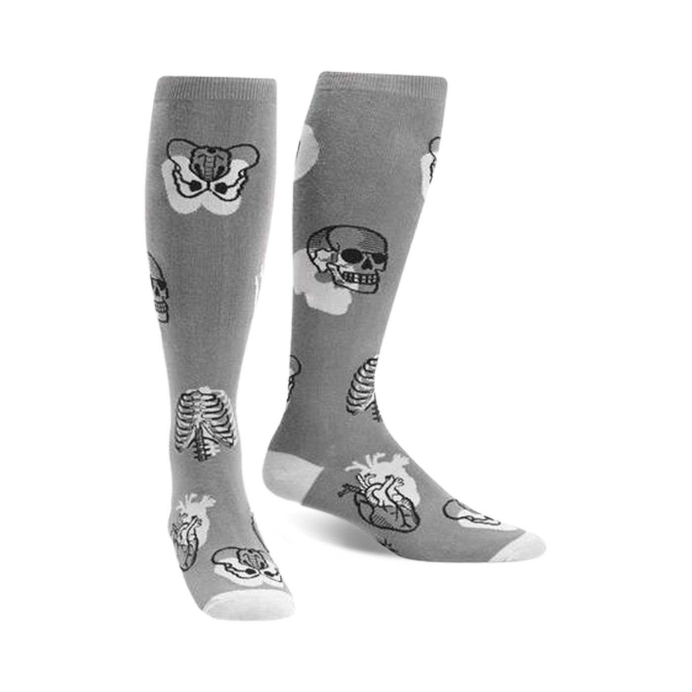 Pair of gray knee-high socks with a whimsical anatomical design. Features skulls, ribcages, and hearts in grayscale.