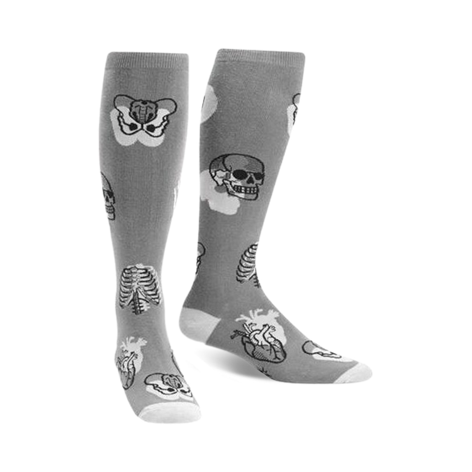 Pair of gray knee-high socks with a whimsical anatomical design. Features skulls, ribcages, and hearts in grayscale.