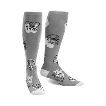 gray knee-high socks with skull, rib cage, and heart pattern (women's wide calf).   