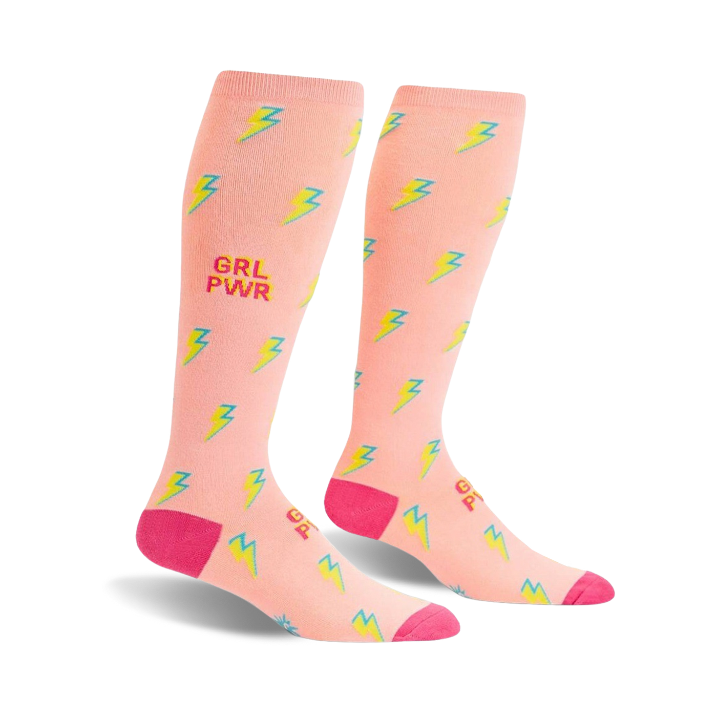 Pair of peach-pink knee-high socks with a scattered yellow and teal lightning bolt pattern and 'GRL PWR' text.