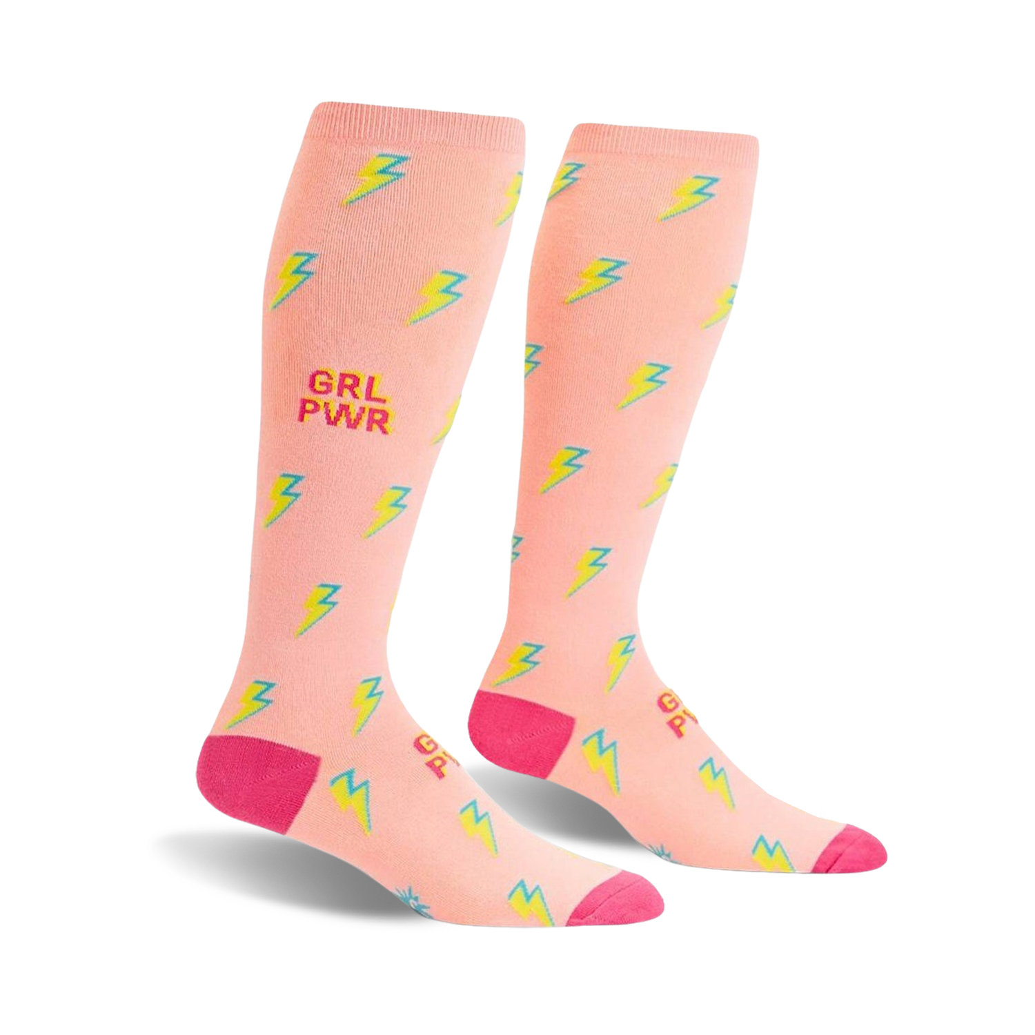Pair of peach-pink knee-high socks with a scattered yellow and teal lightning bolt pattern and 'GRL PWR' text.