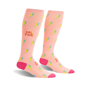 pink knee-high socks with women's wide calf design. features yellow and blue lightning bolts. inspirational novelty socks.   