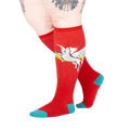 Lifestyle shot of model wearing red Retro Pegasus knee-high socks.
