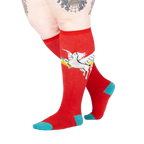 Lifestyle shot of model wearing red Retro Pegasus knee-high socks.
