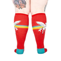 Back view of red Retro Pegasus knee-high socks, showing the full design.