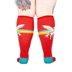 Back view of red Retro Pegasus knee-high socks, showing the full design.