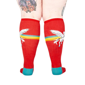Back view of red Retro Pegasus knee-high socks, showing the full design.