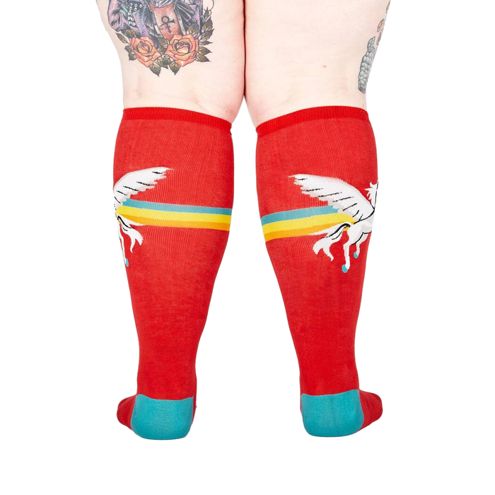 Back view of red Retro Pegasus knee-high socks, showing the full design.