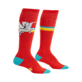 Pair of red knee-high socks with teal cuffs. Design features a white winged horse flying over a multicolored stripe.