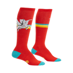 Pair of red knee-high socks with teal cuffs. Design features a white winged horse flying over a multicolored stripe.
