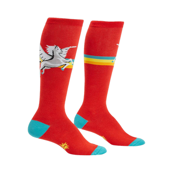Pair of red knee-high socks with teal cuffs. Design features a white winged horse flying over a multicolored stripe.