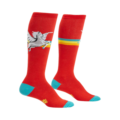 Pair of red knee-high socks with teal cuffs. Design features a white winged horse flying over a multicolored stripe.