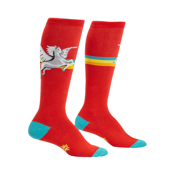 Pair of red knee-high socks with teal cuffs. Design features a white winged horse flying over a multicolored stripe.