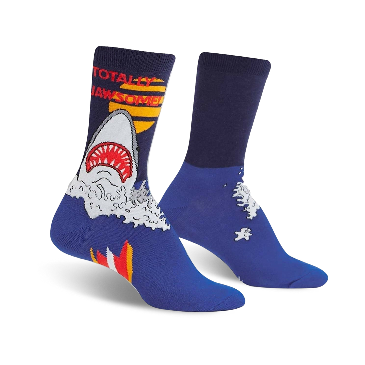 A pair of blue crew socks with a graphic design of a great white shark emerging from the water, text says 'Totally Jawsome'.