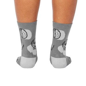 Back view of Head Over Heel socks, highlighting the anatomical design on the back of the socks which includes brains