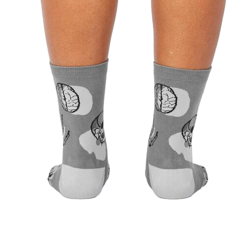Back view of Head Over Heel socks, highlighting the anatomical design on the back of the socks which includes brains