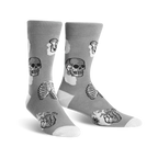 Gray crew socks with a whimsical anatomical print.  Skulls, rib cages, and hearts are featured in a slightly faded, monochrome design.